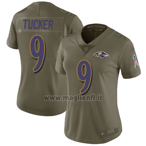 Maglia NFL Limited Donna Baltimore Ravens 9 Justin Tucker Verde Stitched 2017 Salute To Service